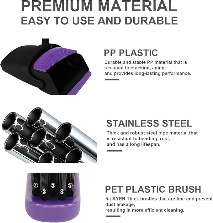 Broom and Dustpan Set, Upright Purple Broom with Dustpan Combo Set 51" Long Handle, Self Cleaning Dust Pan for Home, Kitchen and Office