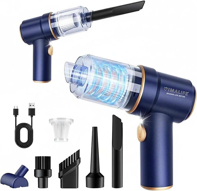 VIMALIFE 10000Pa Cordless Car Vacuum Cleaner & Air Duster, Powerful Handheld Auto Vacuum, 42000RPM Motor, LED Light, Type-C Fast Charge, Washable Filter, 5 Multi-Nozzles for Home, Car, Pet Hair, Blue