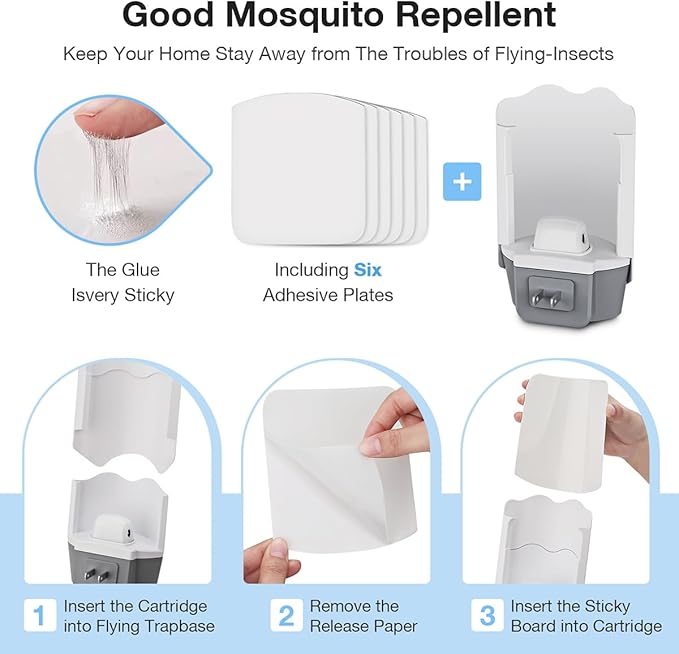 Fly Trap Indoor, 2 Plug-in Fly Catchers with 6 Refill Glue Boards, Fruit Fly & Gnat Trap for Home, Indoor Bug Trap for Mosquitoes, House Flies, Moths & Flying Insects