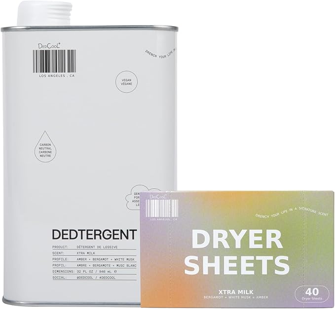 DedCool Xtra Milk Dryer Sheets and Xtra Milk Liquid Laundry Detergent | Bergamot, Vanilla & Amber Scent | Softens & Freshens