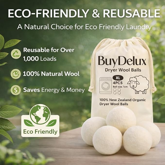 Wool Dryer Balls 4 Pack XL 7cm, 100% New Zealand Wool, Reusable 1000+ Loads, Natural Fabric Softener Alternative, Reduces Static & Wrinkles.