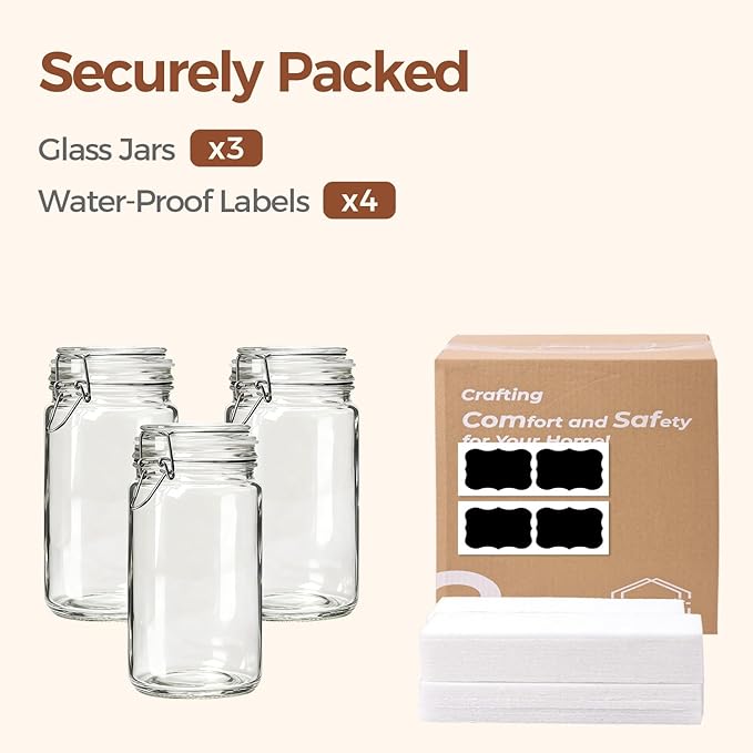 ComSaf 1 Quart Glass Jars with Airtight Lids (32oz, Set of 3), Straight-Sided Canisters for Sourdough Starter & Fermenting, 1L Hermetic Pantry Storage for Flour, Sugar, and Coffee