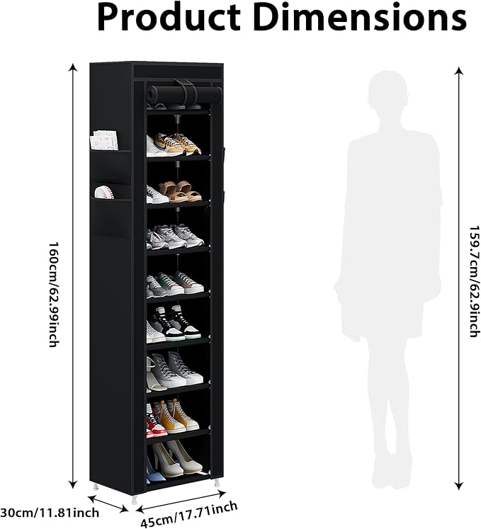Calmootey 9 Tier Shoe Rack Organizer,Portable Shoe Shelf with Nonwoven Fabric Cover for Closet Hallway,Bedroom,Entryway,17.72x11.81x62.99inches,Black