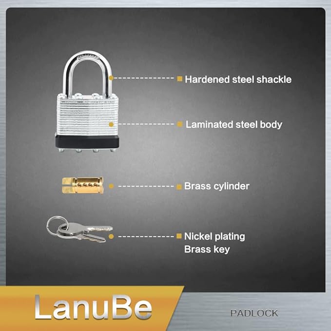 LanuBe Lock Laminated keyed Padlock (1-9/16", 40mm), keyed Alike Locks, Normal Shackle,Marked Black Plastic Hoop, Pack of 24