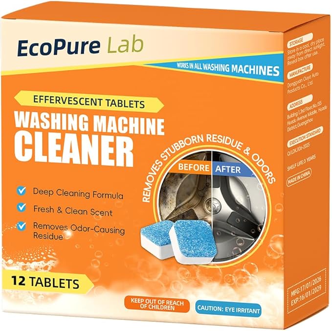 Washing Machine Cleaner Tablets 12 Pack, Deep Removes Residue, Grime and Odors,Washer Machine Cleaner for Front and Top Loader Washer Machines,6 Month Supply (1 PACK)