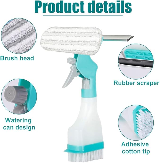 DONGKER 4 in 1 Window Cleaning Kit,Multifunction Window Cleaner Tool with Spray Bottle Squeegee & Microfiber Washer Head for Indoor Outdoor Glass Shower Car