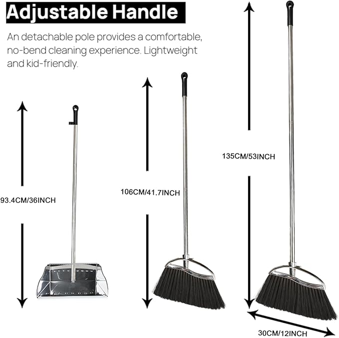 Indoor Broom and Dustpan Comb Set,Heavy Duty Stainless Steel Metal Dust Pan with Long Handle Sweeping Soft Bristles Broom for Floor Home Lobby Office
