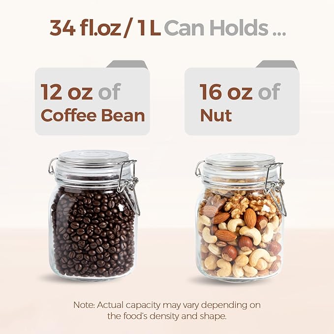 ComSaf 3-Pack Square Glass Coffee Canisters for 1lb Bean Bags, 34oz Airtight Jars with Clamp Lids for Tea, Sugar & Flour, Space-Saving Pantry Organization for Small Apartments & Coffee Station