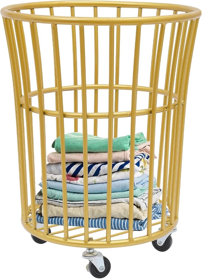 Household Storage Basket, 360° Rolling Movable Laundry Basket,Floor-Standing White Multi-layer Clothes Organizer for Kitchen,living Room and Bathroom (Metal Gold)