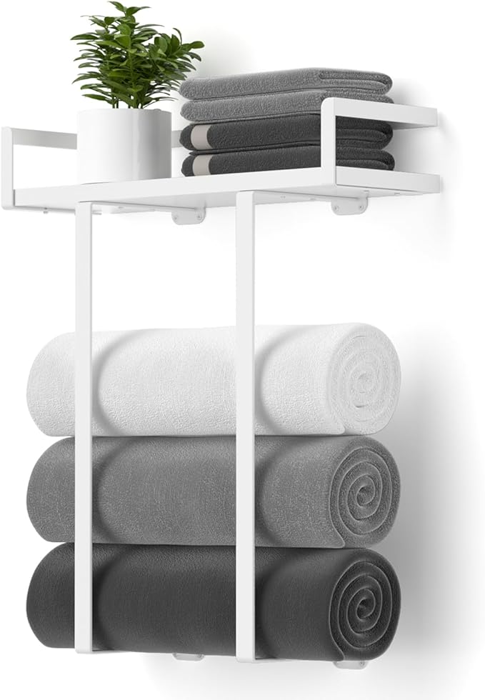 Towel Racks for Bathroom Wall Mounted, Xstydes Metal Towel Holder with Wooden Shelf for Folding Large Towels, Towel Storage for Small Bathroom Organizer Decor or RV Camping,White
