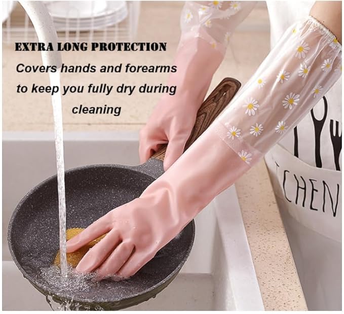 Dishwashing Cleaning Gloves Tear-Resistant Rubber Household Cleaning Gloves with Long Elastic Cuffs for Chores