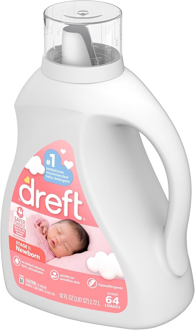Dreft Stage 1 Newborn Baby Liquid Laundry Detergent, Gentle on Sensitive Skin, HE Compatible, 64 loads