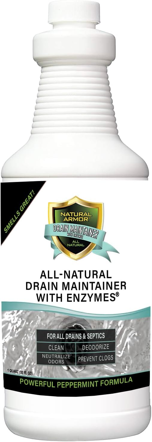 Natural Armor Enzyme Drain Maintainer - Quart Drain Cleaner with Natural Enzyme Power to Prevent Buildup & Odors - Safe for Sinks, Showers, Grease Traps & Septic - Non-Toxic Formula, 32 fl oz