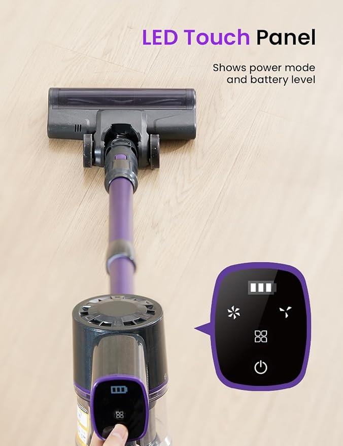 Vexilar Cordless Vacuum Cleaner, Self-Standing, Rechargeable Stick Vacuum Cleaners for Home, 35mins Runtime, LED Screen, 6-in-1 Lightweight Handheld Vacuum for Hard Floor, Carpet (Purple)