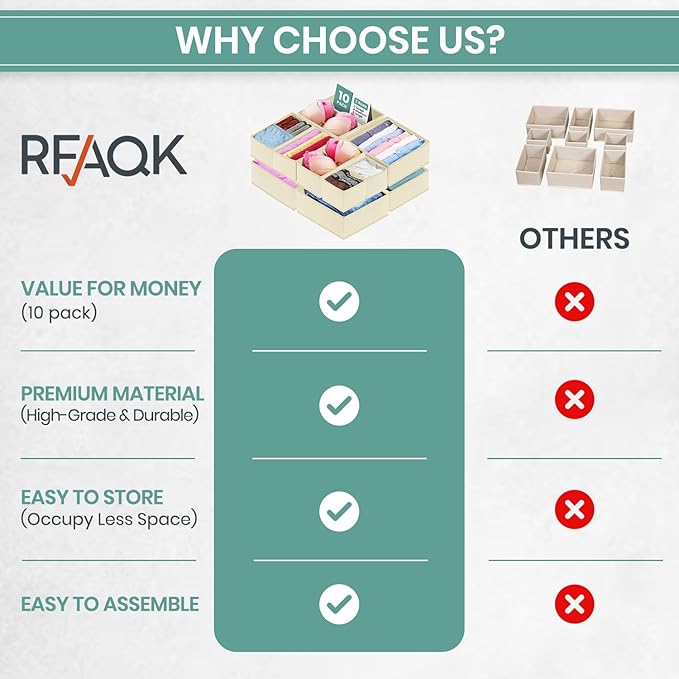 RFAQK 10 Pack Dresser Drawer Organizer Clothes-Baby Clothes Organizer for Nursery, Foldable Closet Fabric Drawer Dividers for Bedroom Organization, Storage Bins, Underwear, Socks, Bras, Belt-Begie