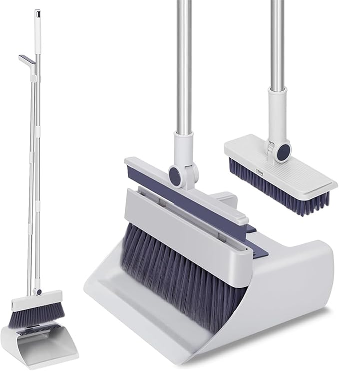 SDSM Broom with Dustpan Combo Set, 4 in 1 Multifunctional Broom and Dustpan with 52" Long Handle, Concealed Squeegee and Cleaning Brush, for Clean Home Kitchen Bathroom Office, Indoor Outdoor Floor
