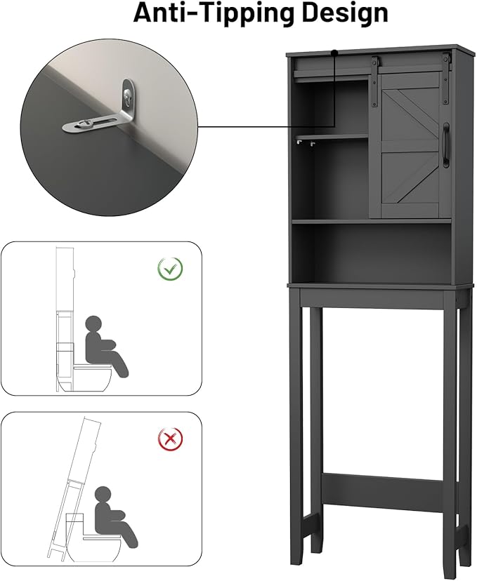 Over The Toilet Storage Cabinet, Bathroom Organizer with Anti-Tip Kit, Adjustable Shelves, Elegant Matte Black Finish Suits Modern Bathrooms.