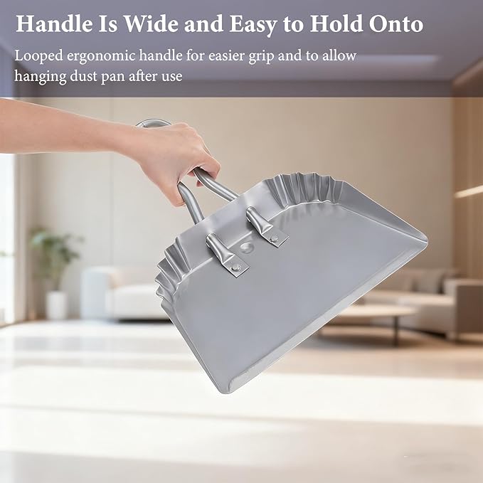 2pcs Metal Dustpan and Brush Set, 12In Extra Large Handheld Dust Pan and Wood Broom,Heavy-Duty Dust Pans Metal Edge Flat Against Floor for Patio/Pet/Car/Outdoor