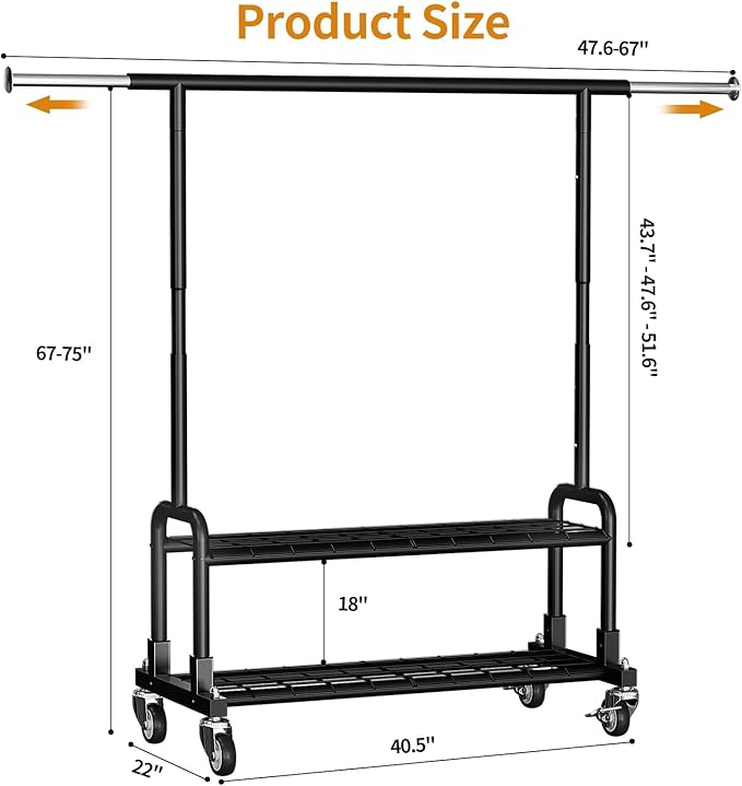Luxspire Heavy Duty Clothes Rack, Clothing Rack Load 600 LBS, Rolling Clothes Racks for Hanging Clothes with Sturdy Wheels & 2 Tier Shelves, Adjustable Garment Rack for Bedroom, Laundry Room, Black