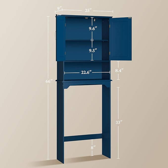 Yaheetech Over The Toilet Storage with 2 Doors & Adjustable Shelf, Free Standing Toilet Rack Wooden Space-Saving Collect Cabinet, Bathroom Furniture, L24.5xW9xH66 in, Navy Blue