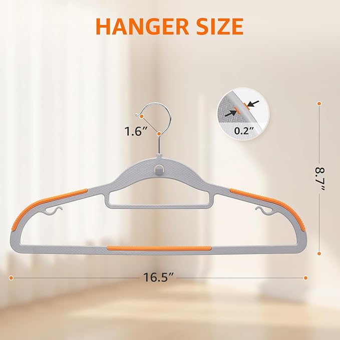 Yolife Cascading Plastic Clothes Hangers 20 Pack with Inner Hook for Vertical Storage, Slim Space Saving Hangers with Non-Slip Pads, 360° Swivel Metal Hook, Versatile, Gray & Orange