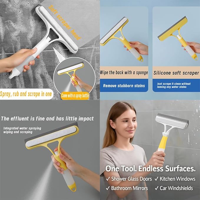 3 in 1 Window Cleaning Scraper, Squeegee with Sprayer, All-in-One Glass Cleaner Tool with Sponge & Rubber Blade for Shower Doors, Mirrors, Car Windows & Home Use
