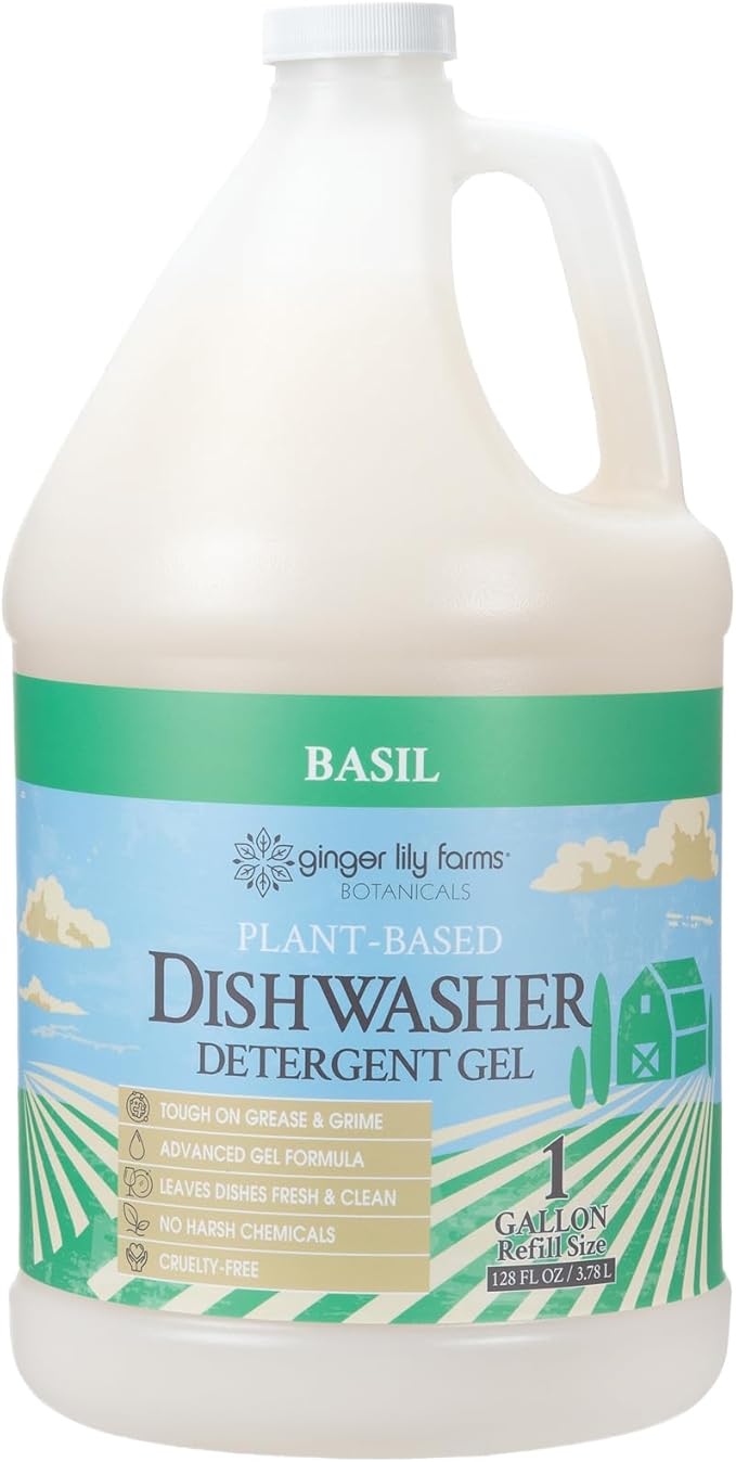 Ginger Lily Farms Botanicals Plant-Based Dishwasher Detergent Gel, 100% Vegan & Cruelty-Free, Basil Scent, 1 Gallon (128 Fl Oz) Refill