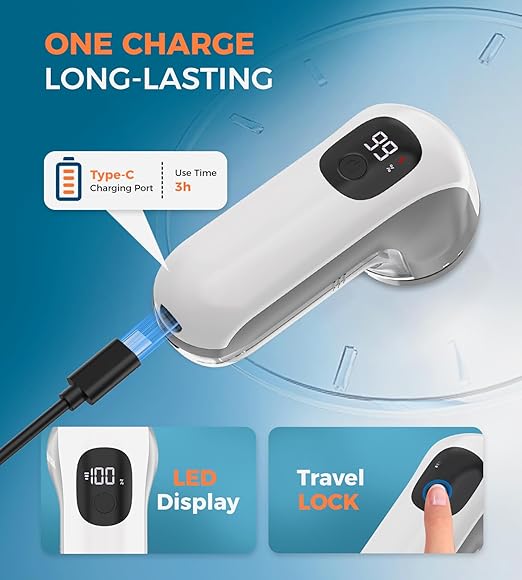 BEAUTURAL Fabric Shaver, Rechargeable Lint Remover, Electric Portable Sweater Defuzzer with 3 Speeds, 6 Leaf Blades, Digital LED Display, Remove Pilling for Clothes, Furniture, Sweater, Couch, Blanket
