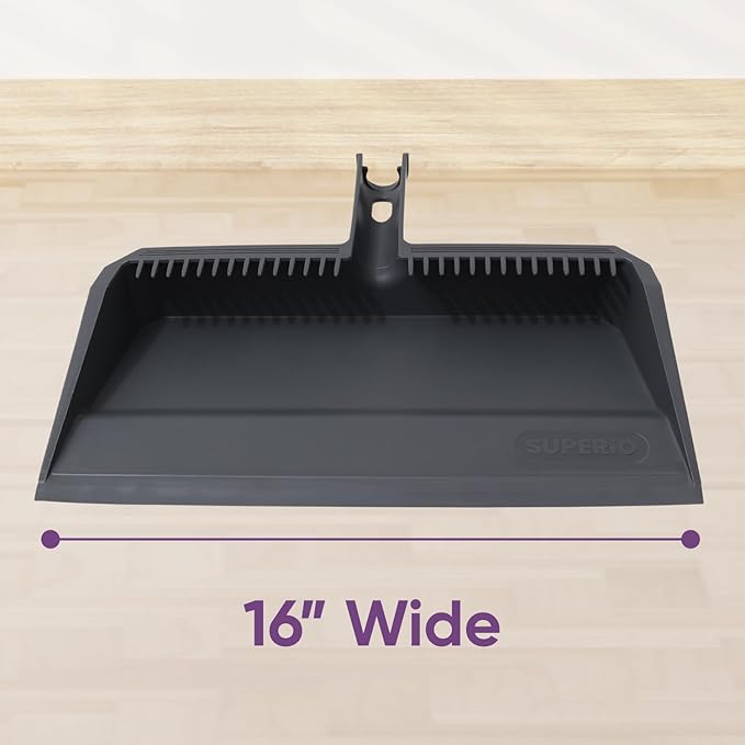 Superio 2-Pack Wide Plastic Dustpan with Comb - 16" Wide, Rubber Lip, Broom Handle Clip, Grey