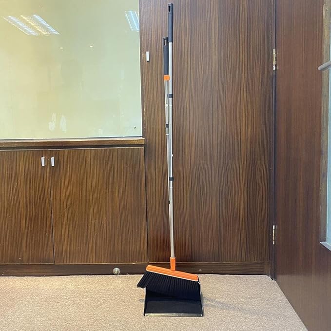 FGY Long Handle Broom and Dustpan Set 53" Broom with Upright Dustpan for Home Kitchen Office Cleaning (Black & Orange)