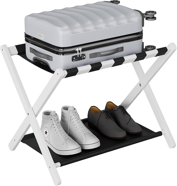 Smuxee White Bamboo Luggage Rack for Guest Room, Foldable Suitcase Stand with Storage Shelf, Easily Assembled Luggage Stand with 5 Nylon Straps for Guest Room Bedroom Hotel