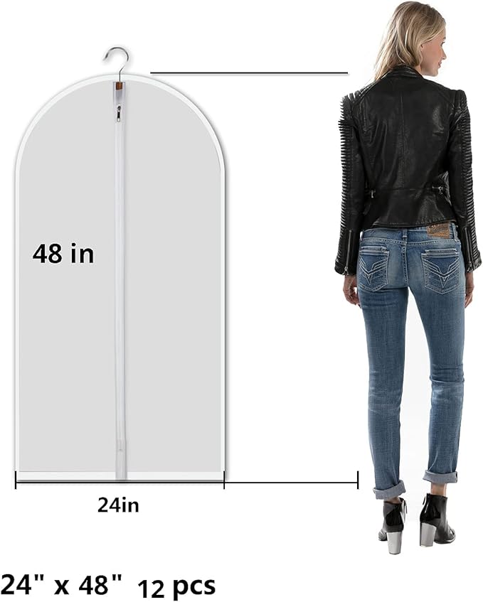 MsKitchen 12 Pack Garment Bags for Hanging Clothes (24x48") - Dustproof Suit Bags - Durable PEVA Dress Covers with Sturdy Zipper for Coats, Jackets, Pants & Uniforms (Translucent)