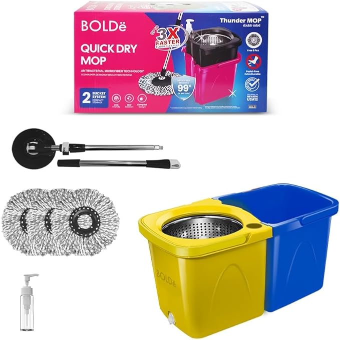 Thunder Mop Spin System - Double-Sided - 2 Compact Stackable 6L Buckets, Microfiber Head, Stainless Steel Wringer, Antifungal Quick-Dry Cleaning, Soap Dispenser, 3 Free Refills (Yellow/Blue)