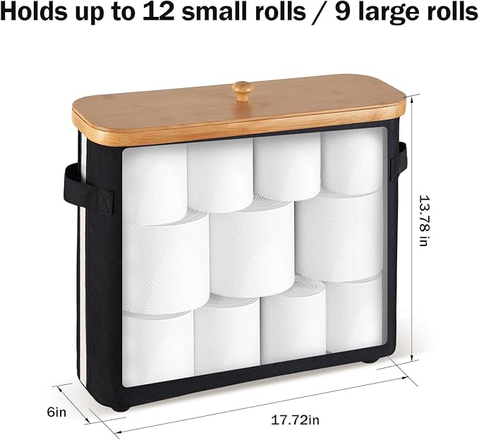 Bathroom Toilet Paper Storage Basket with Lid and Handle， Bamboo Collapsible Toilet Paper Holder Storage with Non-Slip Bottom ,Extra Toilet Roll Storage, Black