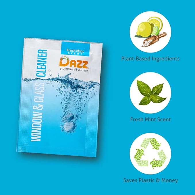 Dazz Window and Glass Cleaner Starter Kit (1 Reusable Spray Bottle, 2 Refills) Natural Cleaning Tablets - Streak Free, Eco Friendly, Non Toxic - Safe for Kids & Pets