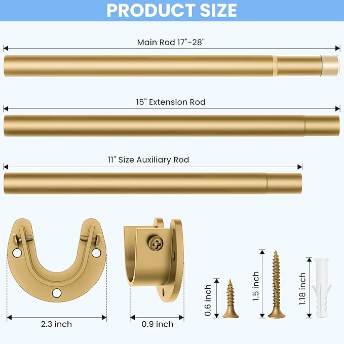 Closet Rods for Hanging Clothes, 17 to 28 Inch Heavy Duty Stepless Adjustable Closet Hanging Rod, 1.3 Inch Diameter Metal Closet Rod for Wardrobes Laundry Bedroom RV, Gold