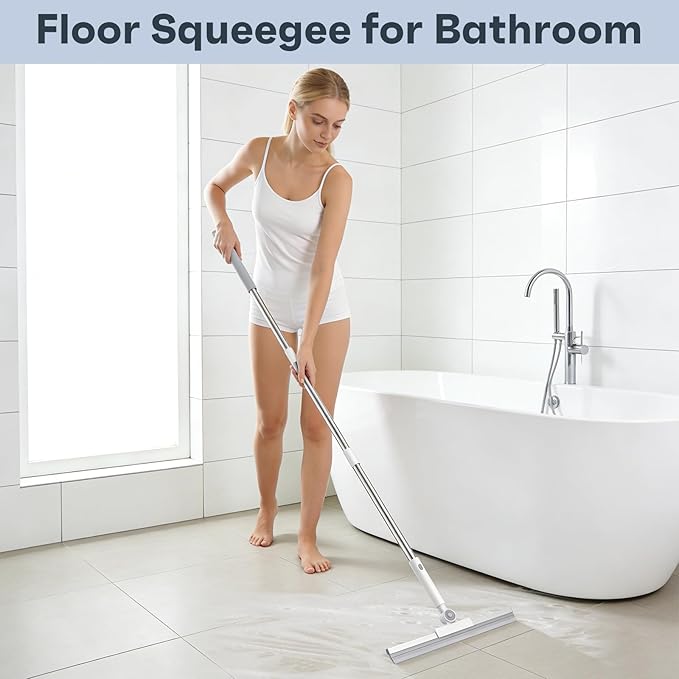 nacena Floor Squeegee, 52-in Adjustable Long Handle Squeegee for Floor Water Removal 180° Rotatable Head Squeegee Broom for Cleaning Window Shower Glass Tile Garage Concrete Pet Hairs, Grey&White