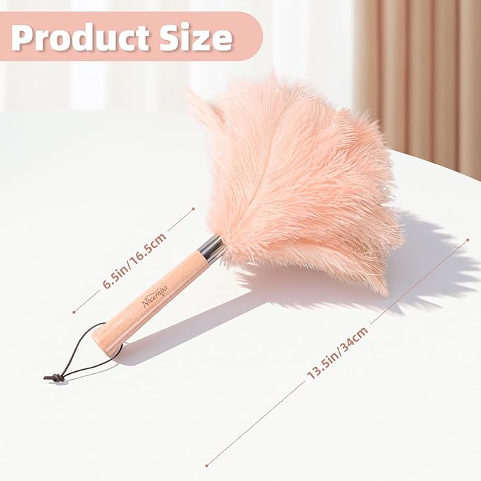 Pink Ostrich Feather Duster with Wooden Handle, 13.5 inch Natural Fluffy Cleaning Tool for Dusting Home, Car, Delicate Surfaces, Reusable Decorative Duster for Ledges, Blinds & Delicate Home Decor