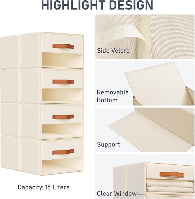 DIMJ Closet Organizers and Storage - Fabric Bins with Drawers for Closet Foldable Clothes Organizers with Clear Window, Stackable Storage Drawers Units for Bedroom, Living Room, Medium 6-Pack, Beige