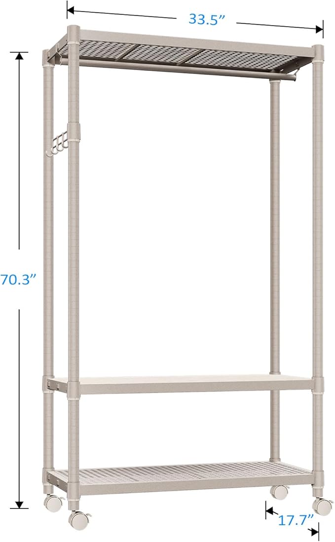 IZEUK Heavy Duty Rolling Garment Rack Wire Clothes Rack for Hanging Clothes (Gold, 3 Tier with 1 Rod, 17.7" D x 33.5" W x 70.3" H)