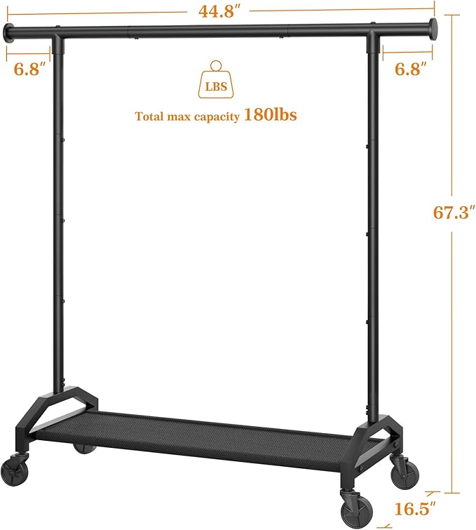 Wiracks Clothes Rack Clothing Racks for Hanging Clothes Heavy Duty Clothes Rack Hanger Rack 200lbs Capacity Industrial Wheels 1" Pipe,Rolling Garment Rack Portable Clothes Rack Black