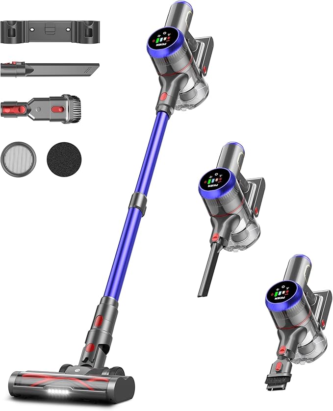 FKIEN Cordless Vacuum Cleaner, 550W 45kPa 65Mins Vacuum Cleaners for Home with LED Display, Self-Standing Stick Vacuum with Anti-Tangle Brush, Rechargeable Vacuum Cordless for Pet Hair/Carpet/Floor