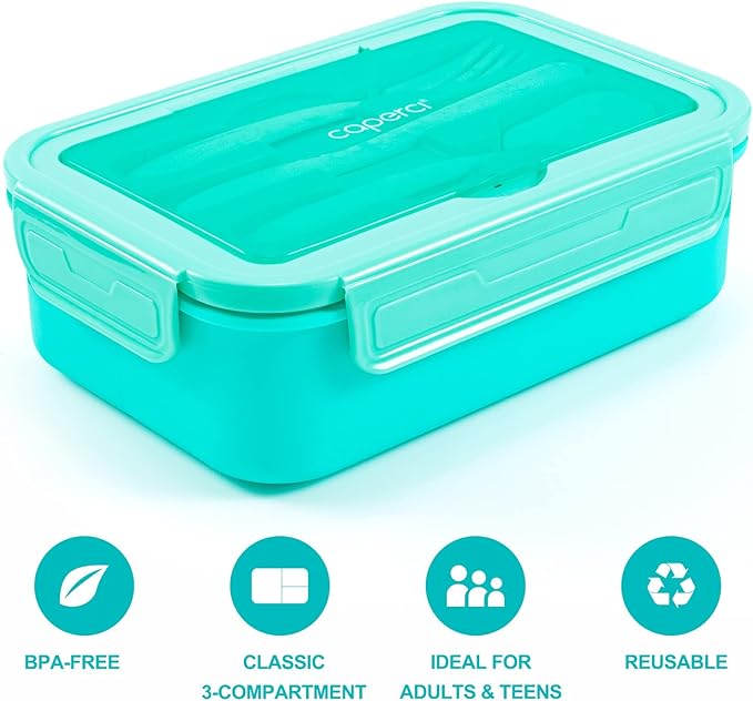 Caperci Classic Bento Box Adult Lunch Box for Older Kids - Leakpoof 47 oz 3-Compartment Lunch Containers for Adults and Teens, Built-in Utensil Set, Ideal for On-the-Go Balanced Eating, Aqua