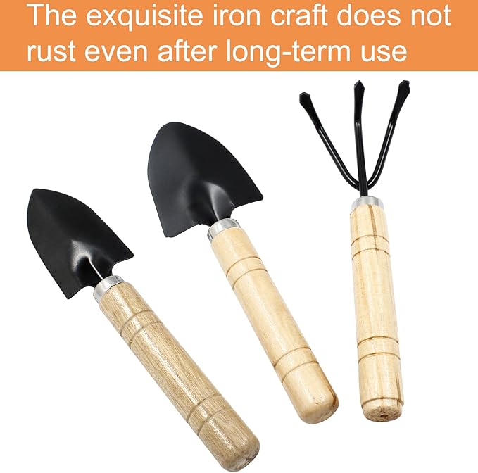 Waziaqoc 3Pcs Mini Garden Tools, Small Indoor Gardening Tools Includes Hand Shovel, Transplant Spade, Hand Rake with Wood Non Slip Handle for Plant Succulent, Flower, Vegetables