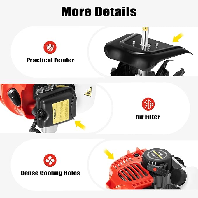 Gas-Powered Handheld Tiller Cultivator, 51.7CC 2-Stroke Engine, 1.45kW, 6500RPM, Lightweight, Mini Tiller Cultivator for Efficient Soil Loosening, Weeding & Farming in Gardens, Hills & Hard Soil