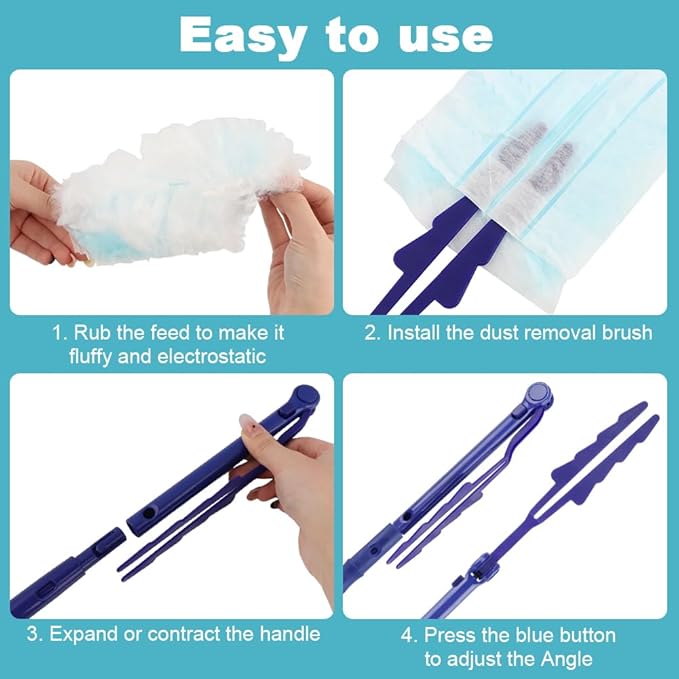 Dusters Starter Kit, 30 pcs Microfibers Duster Refills with 2 Extendable Handle and 2 Mini Crevice Cleaning Brush, Disposable Multi Surface Dusters for Cleaning Home (Color:Blue)