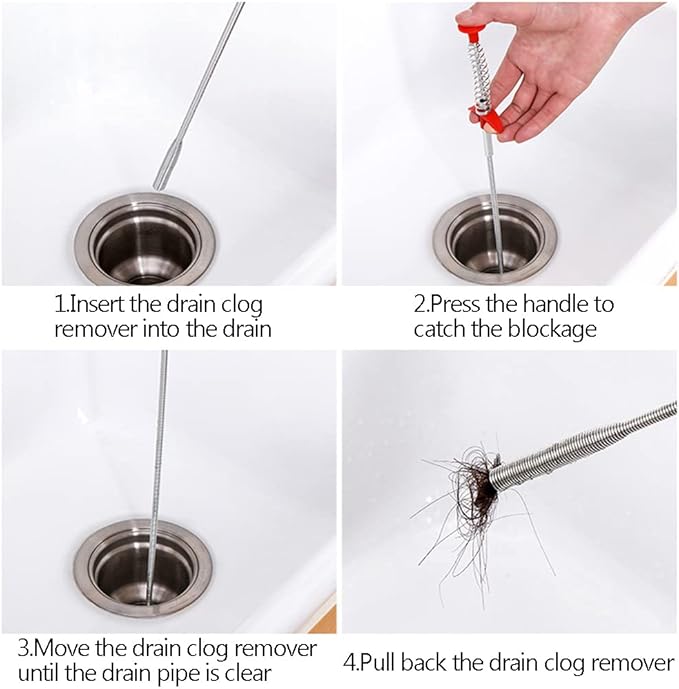 Kaxich Drain Clog Remover, 4pcs Stainless Steel Hair Catcher Clog Remover 23.6 Inch Spring Pipe Dredging Cleaning Tools Drain Relief Sewer Hair Cleaner for Kitchen Sink, Bathroom Tub, Toilet