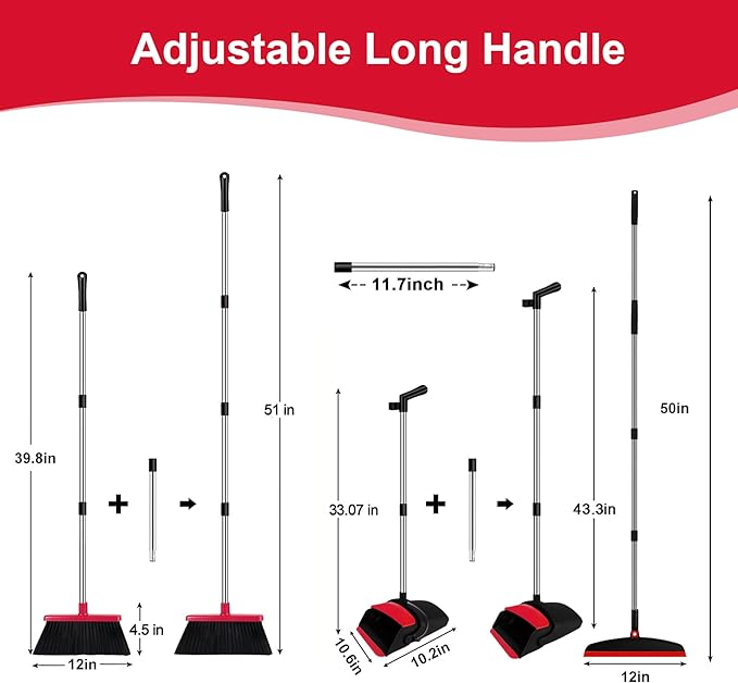 Broom with Dustpan Combo Set and Silicone Air Broom Kit, 51" Long Handle Floor Squeegee, Red Household Kit for Glass Window Rugs Pet Hair Home