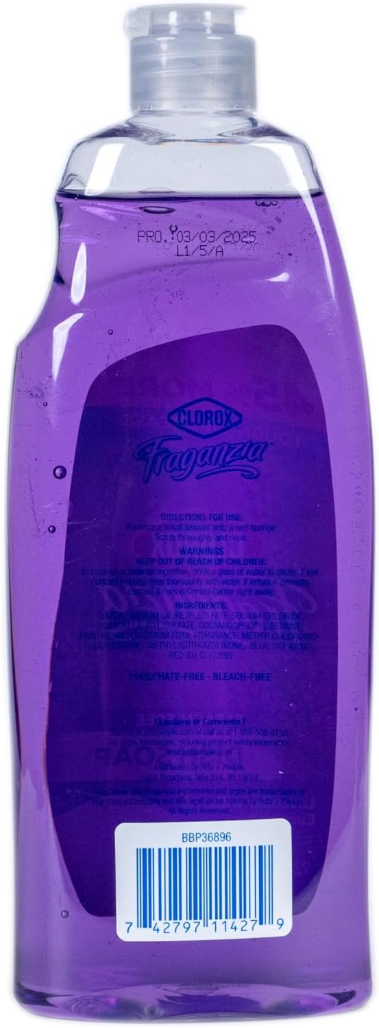 Clorox Fraganzia Liquid Dishwashing Soap - Cuts Through Tough Grease FAST - Quick Rinsing Dish Soap Formula Washes Away Grime - A Powerful Clean You Can Trust, Lavender Scent, 22 Fl Oz (Pack of 2)