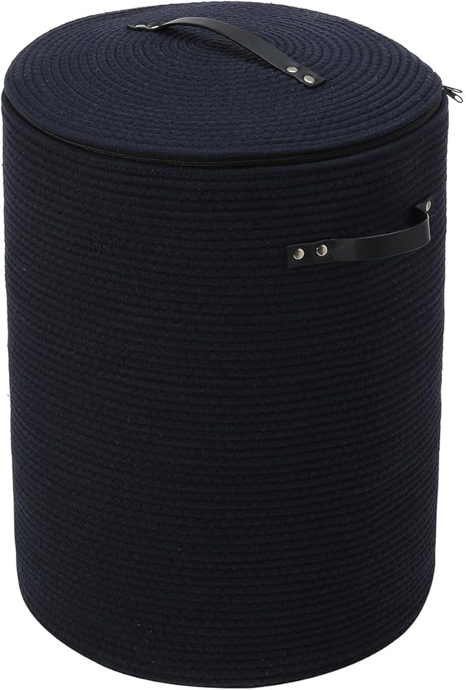 Cottonphant Extra Large Cotton Rope Storage Basket with Lid and Zipper, Versatile Laundry Hamper and Cloth Bin for Clothes, Towels, Blankets, Living Room Organization (All Deep Blue, 16"x20")